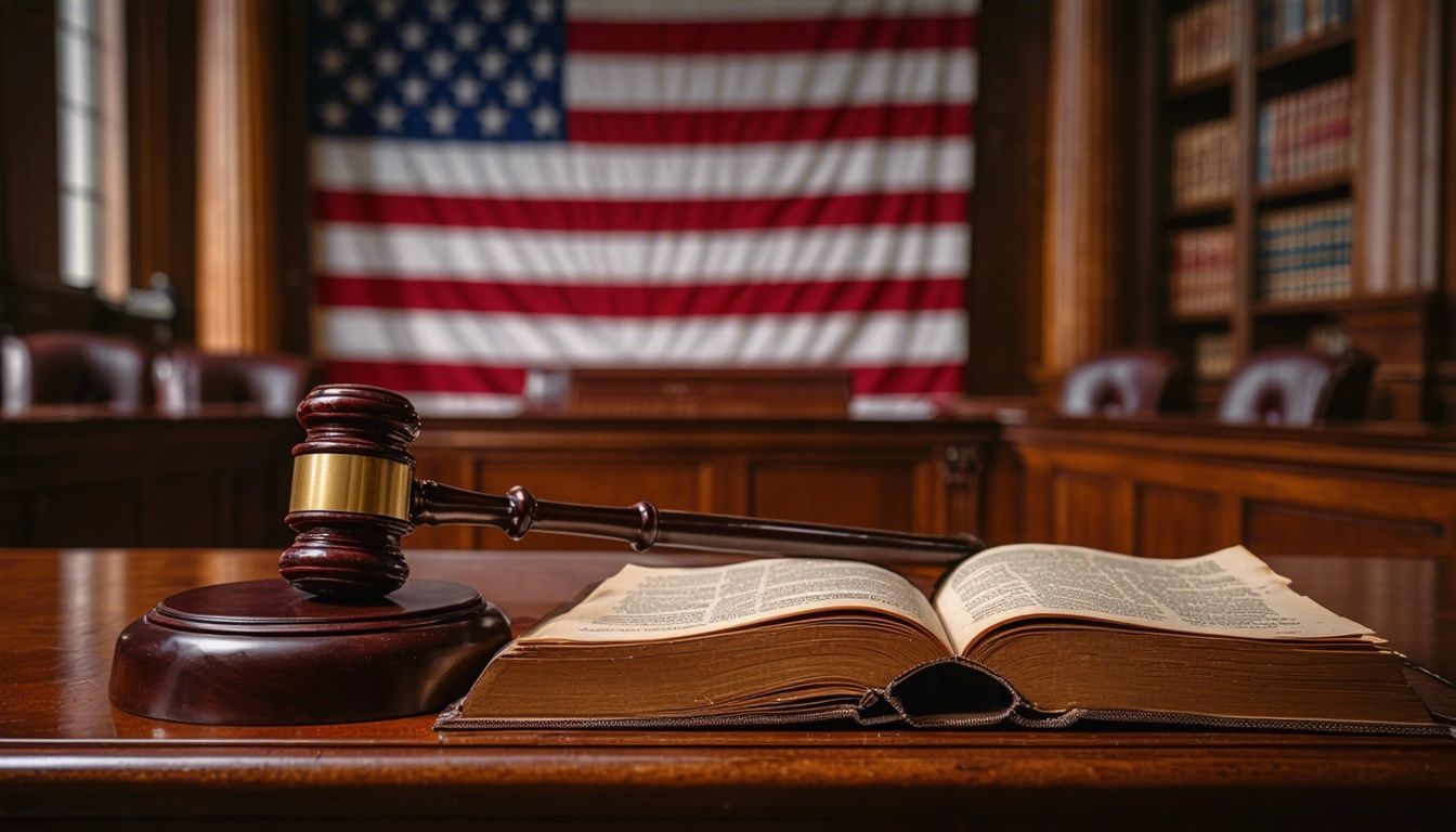 A dimly lit courtroom with a judge's bench, law books, gavel, and American flag.