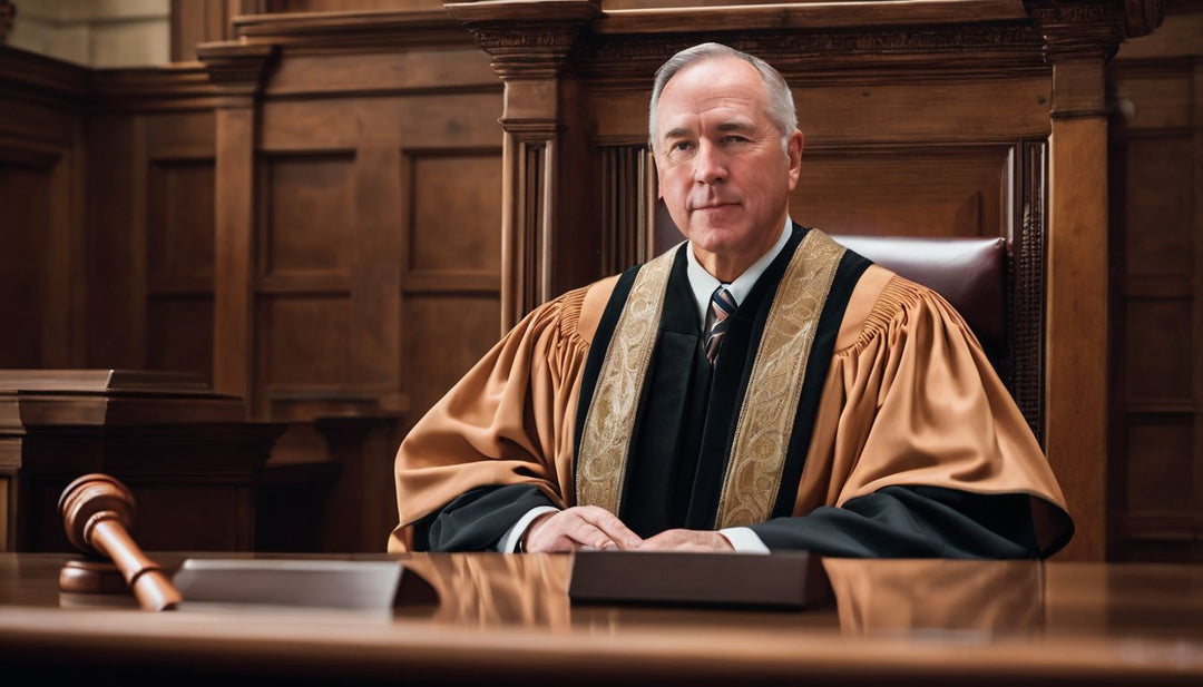A judge in full robe holding a gavel in a courtroom.
