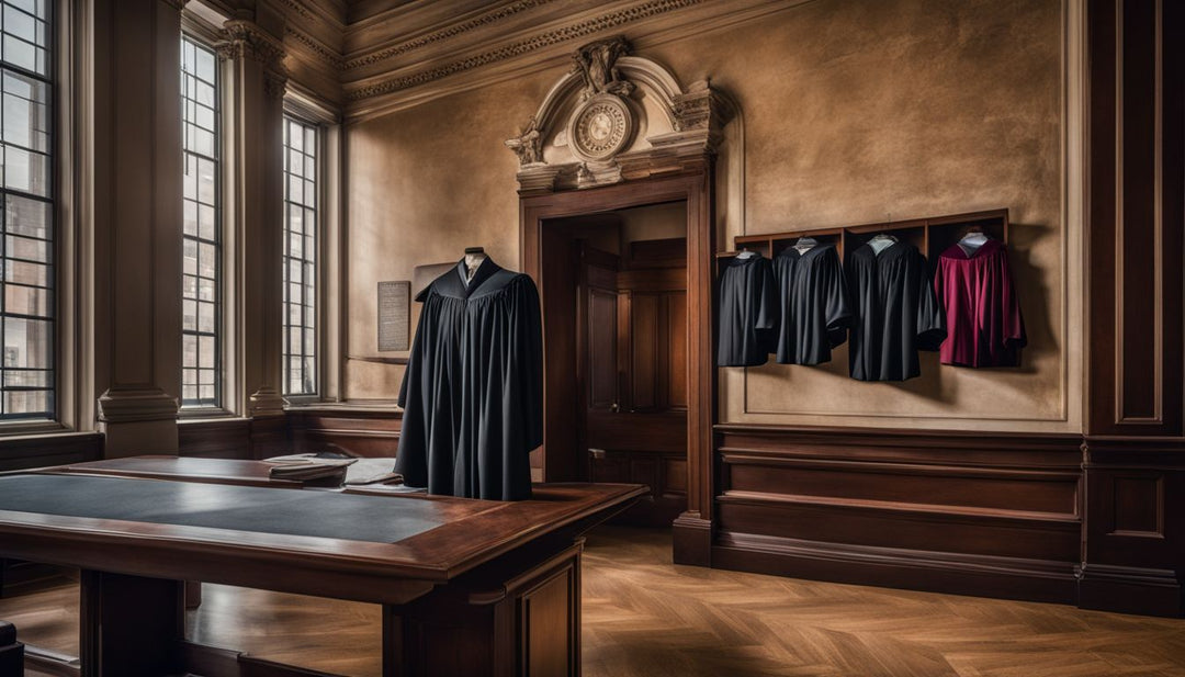 A judge's robe hanging in a historic courthouse.