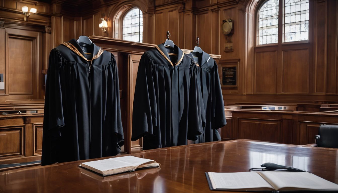 Three similar judge robes standing in a middle of a court room